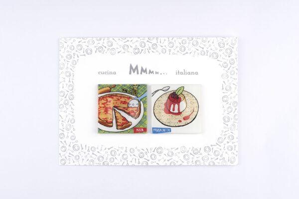 Confezione  2 Magneti  in vetro  Collezione  “Cucina Italiana” Pizza - Pannacotta