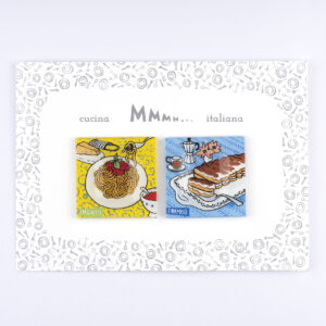 Confezione  2 Magneti  in vetro  Collezione  “Cucina Italiana” Spaghetti - Tiramisù