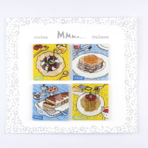 Confez. 4 Magneti  in vetro  Collezione  “Cucina Italiana”Caprese-Lasagna-Tiramisù-Spaghetti