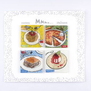 Confezione  4 Magneti  in vetro  Collezione  “Cucina Italiana” Spaghetti-Pizza-Lasagna-Panna Cotta