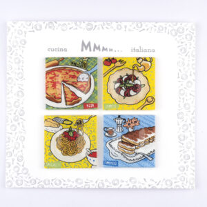 Confezione  4 Magneti  in vetro  Collezione  “Cucina Italiana”Pizza-Caprese-Spaghetti-Tiramisù