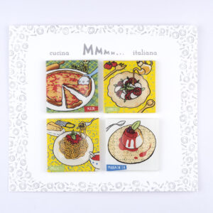 Confezione  4 Magneti  in vetro  Collezione  “Cucina Italiana”Pizza-Caprese-Spaghetti-Pannacotta
